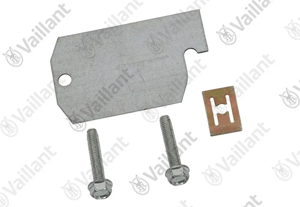 Metallisches Abdeckblech mit einer Befestigungsschraube und einer kleinen Halterung, geeignet für Vaillant Produkte.